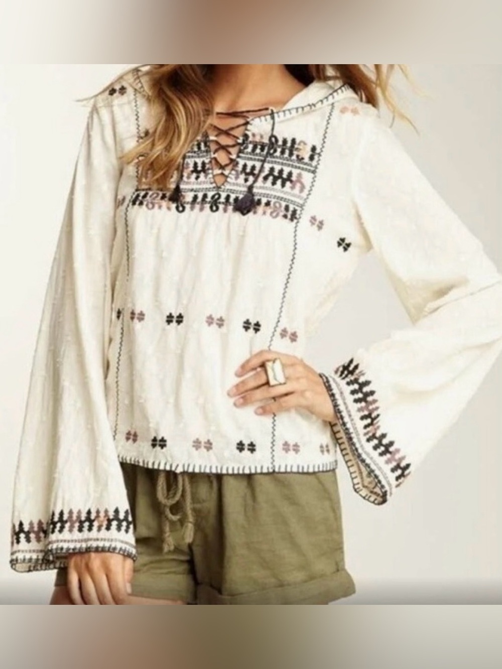 Free People Cream Embroidered Boho Lace-Up Cotton Blouse - Size S